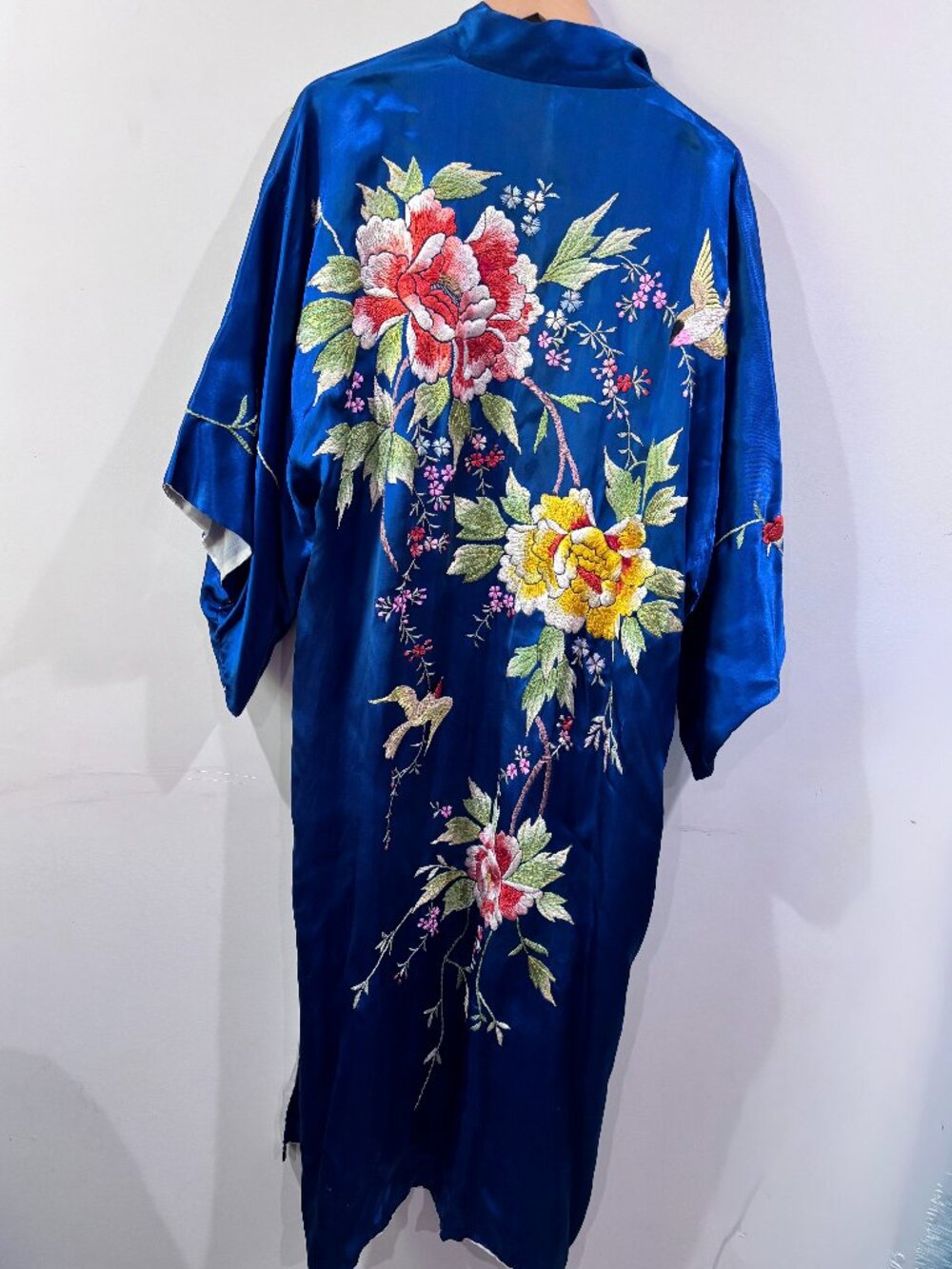 Vintage 1960s Japanese Silk Kimono Robe Blue Hand Embroidered Peony Festive
